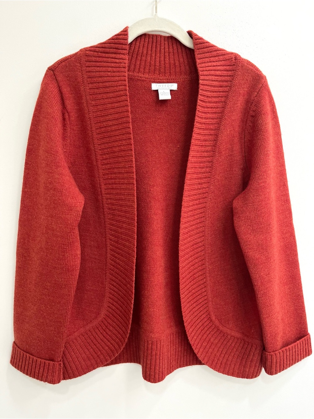 Tweeds 100 merino wool red orange cardigan sweater open front rounded hem large